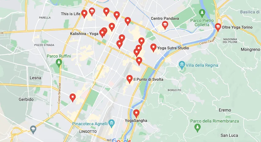 Mappa scuole di yoga a Torino